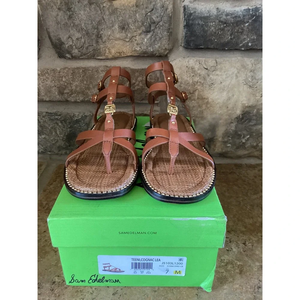 Sam Edelman Teeni Cognac Leather Gladiator Sandals Woven Raffia Gold Logo 7M NEW